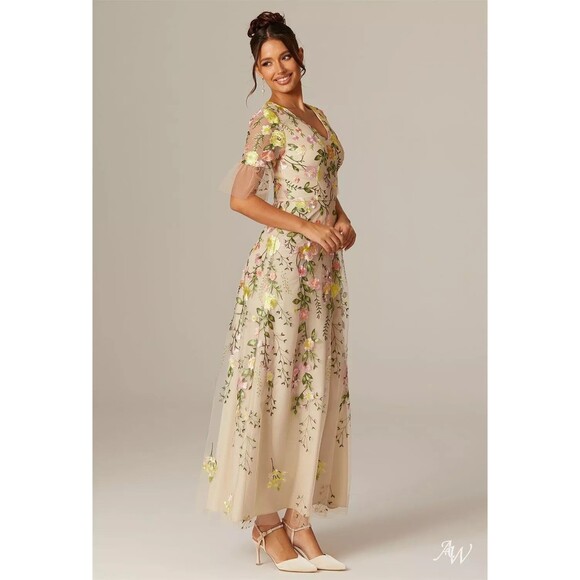 Aw Bridal Dresses & Skirts - New Bridal Carole Formal Prom Dress Size 4 Beige Floral Embroidered Tulle Maxi
